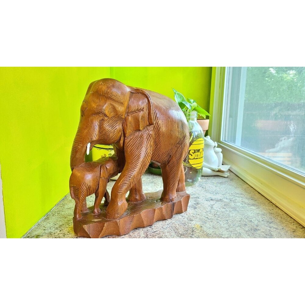 Vintage 1970s Hand Carved Elephant mother and calf